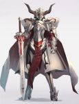  1girl armor cape fate/apocrypha fate_(series) full_armor full_body gauntlets greaves helmet highres holding holding_sword holding_weapon isegawa_yasutaka mordred_(fate) mordred_(fate)_(all) solo sword weapon 