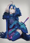  1girl absurdres ahoge alternate_color armor armored_dress blue_cape blue_dress blue_legwear cape caster_(fate/zero) daydremec dress fate/grand_order fate_(series) faulds fur-trimmed_cape fur_trim gauntlets grey_background headpiece highres jeanne_d&#039;arc_(alter)_(fate) jeanne_d&#039;arc_(fate)_(all) kneeling looking_at_viewer open_mouth short_hair silver_hair simple_background solo sword thigh-highs weapon yellow_eyes zettai_ryouiki 