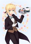 1girl :d ahoge artoria_pendragon_(all) bangs black_jacket black_pants black_ribbon blonde_hair blue_background butler cup daisy dress_shirt eyebrows_visible_through_hair fate/stay_night fate_(series) flower formal gloves green_eyes green_ribbon hair_between_eyes hair_ribbon holding holding_plate jacket long_hair looking_at_viewer neck_ribbon open_clothes open_jacket open_mouth pants pink_flower plate ponytail ribbon saber shino_skk shirt sidelocks smile solo teacup teapot white_flower white_gloves white_shirt 