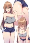  1girl ass bangs blush breasts brown_hair eyebrows_visible_through_hair girls_frontline green_eyes groin hair_between_eyes highres large_breasts leaning_forward long_hair looking_at_viewer m1903_springfield_(girls_frontline) multiple_views navel open_mouth ponytail short_shorts shorts sidelocks simple_background skindentation smile spicy_moo stomach stretch sweat tank_top white_background 