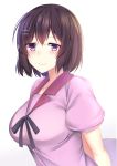  1girl :3 absurdres arms_behind_back black_hair blush breasts closed_mouth commentary_request eyebrows_visible_through_hair hair_ornament hairclip hanekawa_tsubasa highres large_breasts looking_at_viewer monogatari_(series) qqq school_uniform short_hair smile solo violet_eyes 