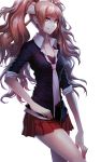  1girl black_bra black_jacket blue_eyes bow bra breasts brown_hair cleavage dangan_ronpa dangan_ronpa_1 enoshima_junko eyebrows_visible_through_hair hair_bow highres jacket long_hair looking_at_viewer medium_breasts miniskirt nail_polish necktie pleated_skirt red_nails red_skirt simple_background skirt smile solo standing striped striped_skirt twintails underwear v-shaped_eyebrows vertical-striped_skirt vertical_stripes very_long_hair white_background yandywu 
