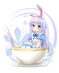  1girl absurdres agung_syaeful_anwar alice_(wonderland) alice_(wonderland)_(cosplay) alice_in_wonderland animal_ears apron blue_eyes blue_hair blue_legwear blue_neckwear blush bow bowtie commentary cosplay cup english_commentary eyebrows_visible_through_hair gochuumon_wa_usagi_desu_ka? highres in_container in_cup kafuu_chino long_hair looking_at_viewer pantyhose parted_lips puffy_short_sleeves puffy_sleeves rabbit_ears short_sleeves sitting solo spoon striped striped_legwear teacup tray white_apron 