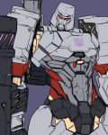  1boy arm_cannon ban cannon commentary decepticon glowing insignia machinery mecha megatron no_humans oldschool red_eyes robot science_fiction solo transformers weapon 