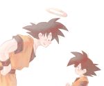  2boys :d :o black_eyes black_hair close-up dougi dragon_ball dragonball_z father_and_son halo hand_on_hip height_difference looking_at_another looking_down looking_up male_focus multiple_boys open_mouth profile sasa_(db) short_hair simple_background smile son_gokuu son_goten spiky_hair standing upper_body white_background wristband 