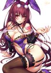  1girl amethyst animal_ears arm_support ass bangs bare_shoulders bed black_legwear blurry blush bokeh breasts bunny_tail bunnysuit cleavage closed_mouth commentary_request cup depth_of_field earrings eyebrows_visible_through_hair fake_animal_ears fate/grand_order fate_(series) garter_straps glitter gold hair_between_eyes high_heels highres holding holding_cup jewelry large_breasts leg_garter long_hair looking_at_viewer nail_polish navel o-ring pink_lips pink_nails purple_hair rabbit_ears reclining red_eyes revealing_clothes sakiyamama scathach_(fate)_(all) scathach_(fate/grand_order) sidelocks signature simple_background skindentation smile solo stomach tail tattoo thigh-highs tsurime very_long_hair white_background 