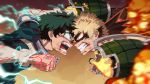  2boys bakugou_katsuki battle blonde_hair blue_eyes boku_no_hero_academia brown_background clenched_hand clenched_teeth dirty_face fire green_hair head_to_head highres lujao_haitang male_focus mask midoriya_izuku multiple_boys punching red_eyes screaming teeth torn_clothes 