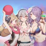  3girls bikini blonde_hair blush breasts camilla_(fire_emblem_if) cleavage drill_hair elise_(fire_emblem_if) female_my_unit_(fire_emblem_if) fire_emblem fire_emblem_heroes fire_emblem_if flower hair_over_one_eye large_breasts lips long_hair looking_at_viewer mamkute multiple_girls my_unit_(fire_emblem_if) navel nintendo open_mouth purple_hair red_eyes siblings simple_background sisters smile swimsuit tiara twin_drills twintails violet_eyes wavy_hair white_background white_hair zuizi 