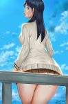  1girl ariverkao ass bangs black_hair black_skirt blue_eyes blue_sky breasts closed_mouth dated large_breasts long_hair long_sleeves looking_at_viewer looking_back microskirt outdoors railing signature skirt sky solo ssss.gridman takarada_rikka white_cardigan 