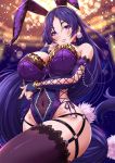  1girl animal_ears arm_under_breasts bangs bare_shoulders blurry blurry_background blush bow bowtie breasts bridal_gauntlets bunny_tail bunnysuit choker cleavage covered_navel detached_collar fake_animal_ears fate/grand_order fate_(series) finger_to_face garter_straps glitter gloves gold groin highres huge_breasts lace lace-trimmed_gloves lace-trimmed_legwear lace_choker large_breasts leotard long_hair looking_at_viewer minamoto_no_raikou_(fate/grand_order) nail_polish o-ring parted_bangs parted_lips purple_gloves purple_hair purple_legwear purple_lips purple_nails rabbit_ears sakiyamama shiny shiny_skin sidelocks signature skindentation smile solo sparkle studded tail taut_clothes taut_leotard thigh-highs thighs very_long_hair violet_eyes wrist_cuffs 