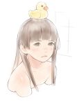  1girl absurdres bangs bath bathing bathtub blunt_bangs brown_eyes brown_hair closed_mouth commentary english_commentary highres light_smile long_hair looking_at_viewer luimiart nude original partially_translated rubber_duck smile solo translation_request 