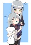  2girls angry blue_background brushing_another&#039;s_teeth commentary_request cross crying eyebrows_visible_through_hair g11_(girls_frontline) girls_frontline green_eyes hair_ornament highres hk416_(girls_frontline) long_hair multiple_girls open_mouth pillow poyano silver_hair sleepy toothbrush 