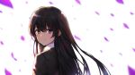  1girl bangs black_hair black_jacket blazer blurry blurry_background blush closed_mouth commentary_request crying crying_with_eyes_open depth_of_field eyebrows_visible_through_hair greem_bang grey_eyes hair_between_eyes hair_ribbon highres jacket long_hair looking_at_viewer looking_to_the_side petals red_ribbon ribbon simple_background smile solo tears upper_body very_long_hair white_background yahari_ore_no_seishun_lovecome_wa_machigatteiru. yukinoshita_yukino 