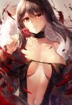  1girl bangs bare_shoulders black_dress blurry blurry_background blurry_foreground breasts brown_hair buckle center_opening choker collarbone consort_yu_(fate) depth_of_field dress earrings fate/grand_order fate_(series) floating_hair flower fur_trim glint highres holding holding_flower jacket jewelry large_breasts leather_choker light_particles long_hair looking_at_viewer motokonut navel parted_lips petals red_eyes red_flower revealing_clothes sidelocks solo sparkle stomach strapless strapless_dress tsurime upper_body very_long_hair wide_sleeves wind 