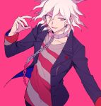  1boy aokiku arm_up black_jacket chain chained chains collar collarbone commentary_request dangan_ronpa eyebrows_visible_through_hair hair_between_eyes highres jacket komaeda_nagito looking_to_the_side medium_hair multicolored_shirt open_clothes open_jacket open_mouth out_of_frame pink_background pink_eyes shirt simple_background solo striped striped_shirt super_dangan_ronpa_2 upper_body white_hair 