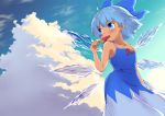  1girl ahoge arm_at_side armpits backlighting bangs bare_arms bare_shoulders blue_dress blue_eyes blue_hair blue_sky bow cirno clouds collarbone cowboy_shot day dress dutch_angle eating eyebrows_visible_through_hair floating_hair food fruit hair_bow hand_up hips ice ice_wings long_dress looking_afar medium_hair outdoors popsicle sky solo spaghetti_strap sun tan tanasuke touhou watermelon watermelon_bar wind wings 