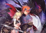  1boy 1girl armor blonde_hair blue_eyes breasts cape circlet closed eyes fur_trim gauntlets gem glowing glowing_eye helmet langrisser leg_hug leotard long_hair looking_at_viewer navel orange_hair purple_background purple_hair red_eyes riana_(langrisser) ritsuki serious short_sleeves smile sword teeth torn_clothes torn_leotard under_boob weapon 