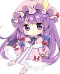  1girl adapted_costume blue_bow blue_ribbon blush bow bowtie chibi commentary_request crescent crescent_moon_pin dress_bow eyebrows_visible_through_hair hair_bow hat hat_ribbon kagome_f long_hair long_sleeves looking_at_viewer open_mouth patchouli_knowledge pink_footwear purple_bow purple_hair purple_neckwear raised_eyebrows red_bow red_ribbon ribbon simple_background solo touhou very_long_hair violet_eyes white_background 