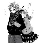  1boy 1girl :d ^_^ ahoge antenna_hair anzu_(o6v6o) closed_eyes closed_eyes coat double-breasted frown genderswap genderswap_(ftm) greyscale gumi gumiya hands_in_pockets heart hetero hug hug_from_behind keyring monochrome open_mouth pants plaid plaid_scarf plaid_skirt scarf selfcest short_hair_with_long_locks skirt smile sweatdrop translation_request vocaloid winter_clothes 