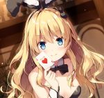  1girl ace_of_hearts animal_ears bangs bare_arms bare_shoulders black_bow black_hairband black_neckwear blonde_hair blue_eyes blush bow bowtie breasts bunny_hair_ornament bunnysuit card character_request collarbone commentary_request copyright_request detached_collar dutch_angle eyebrows_visible_through_hair fake_animal_ears hair_between_eyes hair_ornament hairband hand_up holding holding_card indoors long_hair looking_at_viewer medium_breasts miyase_mahiro rabbit_ears smile solo upper_body wrist_cuffs 