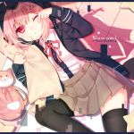  1girl :/ :3 animal_ears backpack bag beige_skirt black_hoodie black_legwear blurry blush breasts cat_bag cat_ears character_name closed_mouth dangan_ronpa dangan_ronpa_3 dot_eyes eyebrows_visible_through_hair flipped_hair hair_between_eyes hair_ornament hairclip hand_on_own_face hood hoodie large_breasts leggings looking_to_the_side lying nanami_chiaki on_ground one_eye_closed pillow pink_eyes pink_hair pink_ribbon pixelated pleated_skirt reflection ribbon sensiye shirt short_hair skirt solo star super_dangan_ronpa_2 teardrop thigh-highs tiles white_shirt 