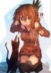  !! /\/\/\ 1girl absurdres alternate_costume bangs brown_eyes brown_hair brown_sweater cat cat_teaser commentary_request dress folded_ponytail hair_between_eyes highres inazuma_(kantai_collection) kaamin_(mariarose753) kantai_collection kneeling looking_at_viewer off_shoulder open_mouth over-kneehighs playing solo surprised sweatdrop sweater sweater_dress thigh-highs 