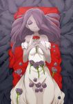  1girl bare_shoulders closed_eyes commentary_request dress eyeshadow fingernails flower hair_over_one_eye hands_clasped highres holding holding_flower little_witch_academia long_hair lying makeup on_back own_hands_together pale_skin petals pink_hair plant popopo purple_flower purple_rose red_flower red_rose rose rose_petals sleeping solo sucy_manbavaran thorns white_dress 