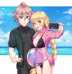  1boy 1girl :d ahoge bikini blonde_hair braid breasts brown_eyes cellphone cleavage commentary_request fate/apocrypha fate/grand_order fate_(series) grey_hair highres hood hood_down hoodie jacket jeanne_d&#039;arc_(fate) jeanne_d&#039;arc_(fate)_(all) large_breasts long_braid long_hair looking_at_viewer nyorotono ocean open_clothes open_hoodie open_mouth phone purple_bikini purple_hoodie self_shot sieg_(fate/apocrypha) single_braid smartphone smile swimsuit very_long_hair violet_eyes wetsuit 