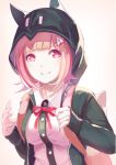  1girl animal_ears backpack bag bangs black_hoodie breasts cat_bag cat_ears closed_mouth commentary_request dangan_ronpa eyebrows_behind_hair flipped_hair hair_ornament hairclip holding holding_bag hood hoodie large_breasts long_sleeves looking_at_viewer nanami_chiaki pink_eyes pink_hair red_ribbon ribbon short_hair simple_background smile solo super_dangan_ronpa_2 teneko white_background 