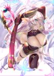  1girl arm_behind_head boots braid breasts cleavage cleavage_cutout closed_mouth commentary_request demon_horns elbow_gloves gloves granblue_fantasy green_eyes hair_over_one_eye heart_cutout highres holding holding_weapon horns kawarage large_breasts lavender_hair long_hair narmaya_(granblue_fantasy) pointy_ears shirt single_braid single_thighhigh sleeveless sleeveless_shirt smile thigh-highs thigh_strap weapon 