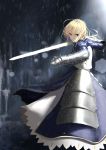  1girl ahoge armor armored_dress artoria_pendragon_(all) blonde_hair braided_bun dress excalibur fate/stay_night fate_(series) faulds gauntlets green_eyes holding holding_sword holding_weapon lens_flare long_dress looking_at_viewer outdoors rain saber short_hair solo standing sword weapon zhu_yinhua 