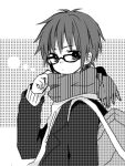  1boy :| adjusting_scarf anzu_(o6v6o) bag closed_mouth genderswap genderswap_(ftm) glasses greyscale gumiya jacket long_sleeves lowres male_focus monochrome scarf school_bag solo striped striped_scarf unmoving_pattern upper_body vocaloid 