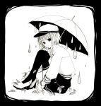  1girl anzu_(o6v6o) black_border border crying greyscale gumi hand_on_own_knee hat high_heels knees_up long_sleeves looking_at_viewer monochrome plant rain shirt short_hair_with_long_locks sitting skirt solo thigh-highs umbrella vines vocaloid water_drop 