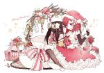  2girls bell black_hair blush boots bow christmas christmas_ornaments eyebrows_visible_through_hair gift hair_ornament hat highres looking_at_another love_live! love_live!_school_idol_project multiple_girls nishikino_maki open_mouth red_eyes redhead santa_costume santa_hat short_hair sweatdrop twintails violet_eyes yazawa_nico yukiko_(tesseract) 