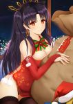  1girl bangs bare_shoulders black_hair black_legwear black_panties black_ribbon blurry bokeh bow bowtie breasts bridal_gauntlets china_dress chinese_clothes christmas cleavage closed_mouth commentary_request cowboy_shot depth_of_field dress earrings fate/grand_order fate_(series) flower fur_trim glint gloves green_neckwear hair_ornament hair_ribbon hat highres hoop_earrings indoors ishtar_(fate/grand_order) jewelry long_hair looking_at_viewer medium_breasts merry_christmas multicolored multicolored_nails nail_polish night night_sky panties parted_bangs pelvic_curtain pom_pom_(clothes) red_dress red_eyes red_flower red_gloves red_hat red_nails ribbon rko_(a470350510) sack santa_hat shooting_star side_slit sky sleeveless sleeveless_dress smile solo star_(sky) starry_sky tareme thigh-highs thighs two_side_up underwear window yellow_nails 