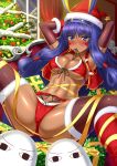  &lt;o&gt;_&lt;o&gt; 1girl alternate_costume animal_ears arms_behind_head bikini blue_eyes blue_hair blush breasts christmas christmas_tree dark_skin elbow_gloves facepaint facial_mark fate/grand_order fate_(series) fur_trim gift gloves hairband highres indoors jackal_ears long_hair medium_breasts medjed mouth_hold navel nitocris_(fate/grand_order) red_bikini santa_costume shibata_rai sidelocks spread_legs swimsuit thigh-highs thighhighs_under_boots very_long_hair 