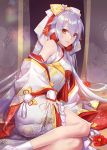  1girl alternate_costume commentary_request demmy fate/grand_order fate_(series) floral_print flower hair_between_eyes hair_ribbon japanese_clothes kimono long_hair looking_at_viewer red_eyes ribbon silver_hair solo tomoe_gozen_(fate/grand_order) uchikake white_kimono 
