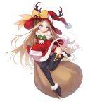  1girl abigail_williams_(fate/grand_order) absurdres bangs bare_shoulders bell black_legwear blonde_hair blush bow choker christmas collarbone detached_sleeves dress fake_antlers fate/grand_order fate_(series) fishkitty forehead full_body fur-trimmed_dress fur-trimmed_sleeves fur_trim green_bow hair_bell hair_ornament hat hat_bow highres jingle_bell long_hair long_sleeves looking_at_viewer orange_choker panties parted_bangs red_bow red_dress red_panties redhead ribbed_legwear sack side-tie_panties simple_background sleeves_past_fingers sleeves_past_wrists smile solo thigh-highs toeless_legwear underwear very_long_hair white_background witch_hat yellow_bow 