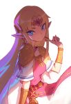  blonde_hair blue_eyes breasts dress finger_to_chin highres jewelry liyart necklace nintendo pink_dress pointy_ears princess_zelda super_smash_bros. super_smash_bros._ultimate the_legend_of_zelda 