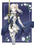  1girl alternate_hairstyle armor black_gloves black_shirt brown_eyes eyebrows_visible_through_hair faulds female_my_unit_(fire_emblem_if) fire_emblem fire_emblem_if floating_hair flower gloves grey_legwear hair_between_eyes hair_flower hair_ornament holding holding_sword holding_weapon kei_(asufend) long_hair looking_at_viewer my_unit_(fire_emblem_if) nintendo pointy_ears rose shirt silver_hair solo standing sword thigh-highs weapon white_flower white_rose 