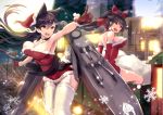  2girls animal_ears atago_(azur_lane) azur_lane bangs black_hair blush bow breasts brown_eyes building cannon dated extra_ears eyebrows_visible_through_hair full_moon fur-trimmed_gloves fur_trim garter_straps gloves hair_bow hair_ribbon highres large_breasts long_hair looking_at_viewer mappaninatta mole mole_under_eye moon multiple_girls night outdoors ponytail red_gloves ribbon rigging santa_costume signature sky smile snow snowflakes snowing star_(sky) starry_sky swept_bangs takao_(azur_lane) thigh-highs turret very_long_hair white_bow white_legwear white_ribbon 