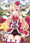  1girl :d armor bangs bare_shoulders bauble belt_buckle black_shorts blonde_hair blue_eyes blush boots bow bowtie brooch brown_cape buckle cape character_doll christmas christmas_tree coat commentary_request detached_sleeves dwarf_(goblin_slayer) full_armor fur_trim gift goblin goblin_slayer goblin_slayer! green_footwear green_hair hair_between_eyes hat high_elf_archer_(goblin_slayer!) jewelry lizard_priest(goblin_slayer) long_hair long_sleeves looking_at_viewer open_mouth priestess_(goblin_slayer!) red_coat red_hat red_legwear red_neckwear sanom santa_hat seiza short_shorts shorts sitting smile solo thigh-highs tilted_headwear white_hair 