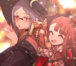  2girls artist_name blue_hair blurry blurry_background bow brown_hair choker christmas closed_eyes commentary crescent crescent_moon_pin decorations english_commentary eyebrows_visible_through_hair hair_ornament hat hat_ornament kagari_atsuko little_witch_academia long_hair mittens multiple_girls omiza_somi open_mouth red_eyes santa_costume signature smile snow snowflakes striped striped_bow upper_body ursula_charistes wand wide_sleeves witch witch_hat 