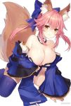  1girl animal_ears artist_name bare_shoulders blue_legwear blush breasts choker cleavage closed_mouth detached_sleeves eyebrows_visible_through_hair fate/extra fate_(series) fox_ears fox_tail hair_between_eyes highres kneeling large_breasts pink_hair short_hair simple_background solo tail tamamo_(fate)_(all) tamamo_no_mae_(fate) thigh-highs white_background wumumu yellow_eyes 