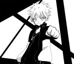  &gt;:) 1boy anzu_(o6v6o) clenched_hand greyscale jacket jewelry long_sleeves looking_at_viewer male_focus monochrome naruto_(series) outstretched_arm pendant shirt solo spiky_hair upper_body uzumaki_naruto v-shaped_eyebrows whisker_markings 