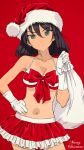  1girl akagi_(fmttps) alternate_costume black_hair breasts character_name cleavage contrapposto cowboy_shot girls_und_panzer gloves green_eyes hair_between_eyes hand_on_hip hat highres medium_breasts merry_christmas navel red_eyes santa_costume santa_hat solo white_gloves 