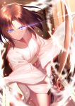  1girl aura black_footwear blue_eyes blurry breasts brown_hair closed_mouth commentary_request floating_hair from_above glint gogatsu_fukuin hair_intakes highres holding holding_sword holding_weapon japanese_clothes kara_no_kyoukai katana kimono light_trail long_sleeves looking_at_viewer medium_breasts obi ryougi_shiki sash serious shiny shiny_hair short_hair solo sword two-handed v-shaped_eyebrows weapon white_kimono wide_sleeves wind 