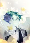  1other androgynous artist_request blue_eyes blue_hair bug butterfly crystal_hair gem_uniform_(houseki_no_kuni) green_eyes green_hair highres houseki_no_kuni insect phosphophyllite phosphophyllite_(ll) see-through_sleeves short_hair solo spoilers transformation upper_body wide-eyed 