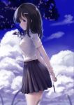  1girl bangs black_hair black_skirt blue_sky blurry blurry_background blurry_foreground blush breasts closed_mouth clouds cloudy_sky day depth_of_field eyebrows_visible_through_hair hair_between_eyes hair_ornament hairclip highres holding long_hair original outdoors pleated_skirt profile school_uniform shirt short_sleeves skirt sky small_breasts smile solo standing summer too-ye violet_eyes white_shirt 