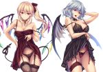  2girls alternate_costume bangs bare_arms bare_shoulders bat_wings black_legwear black_panties blonde_hair blue_hair breasts choker cleavage closed_mouth clothes_lift collarbone cowboy_shot crystal detached_collar dress dress_lift eyebrows_visible_through_hair fangs fingernails flandre_scarlet floral_print garter_belt hair_between_eyes hair_ribbon hand_on_hip head_tilt highres laevatein_(tail) large_breasts leg_garter lifted_by_self lingerie lips long_hair looking_at_viewer moneti_(daifuku) multiple_girls nail_polish navel negligee off_shoulder older open_mouth panties pointy_ears purple_nails red_dress red_eyes red_ribbon remilia_scarlet ribbon ribbon_choker siblings side_ponytail simple_background sisters smile standing strap_gap strap_slip tail thigh-highs touhou underwear white_background wings 